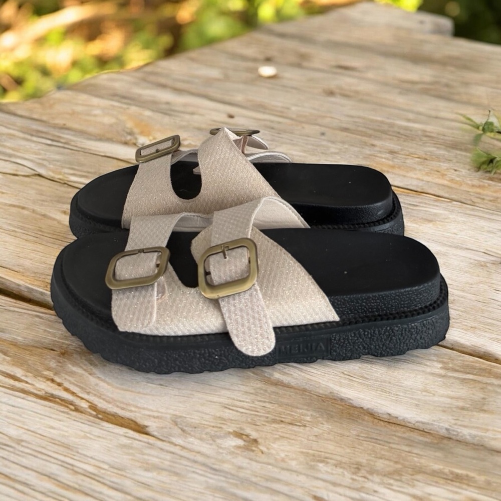 MEIJIA Chunky Platform Slides Black Gold Buckle Gorpcore Minimalist Sandals US 8